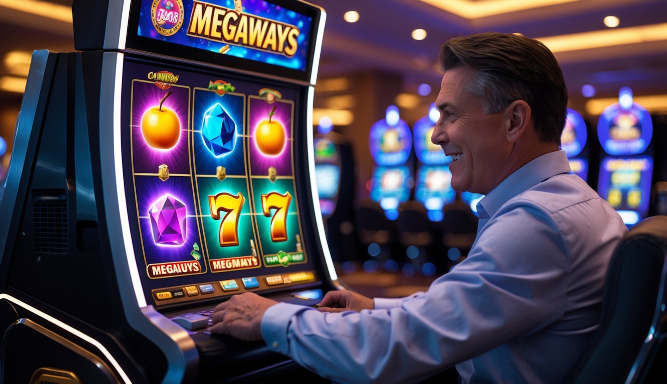 Seorang pemain dewasa sedang bermain mesin slot Megaways di kasino dengan latar belakang mesin permainan lainnya.