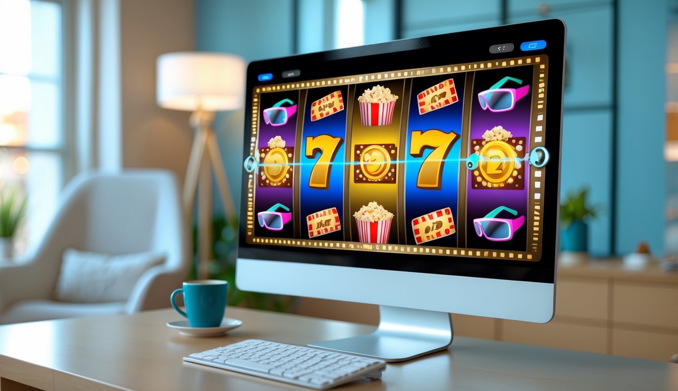 Sebuah komputer modern menampilkan mesin slot bertema film dengan simbol seperti gulungan film dan popcorn di ruang kerja yang terang dan nyaman.