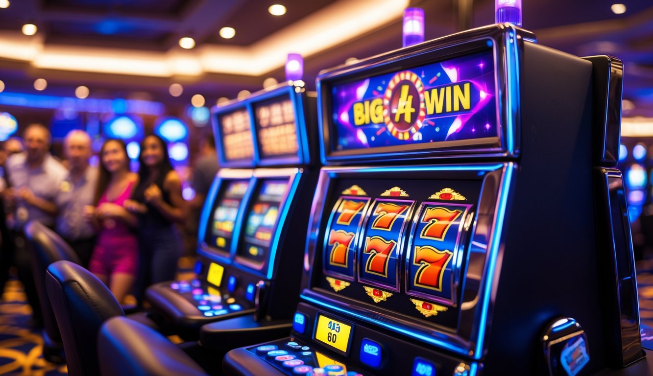 Mesin slot modern dengan lampu warna-warni dan simbol kemenangan di kasino yang ramai.