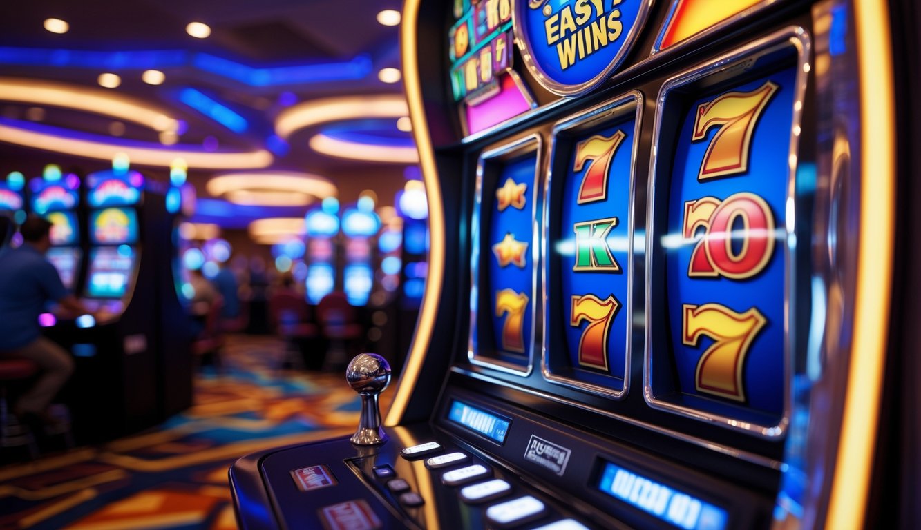 Mesin slot kasino modern dengan simbol kemenangan yang terang dan berwarna-warni di layar, dikelilingi suasana kasino yang ramai.