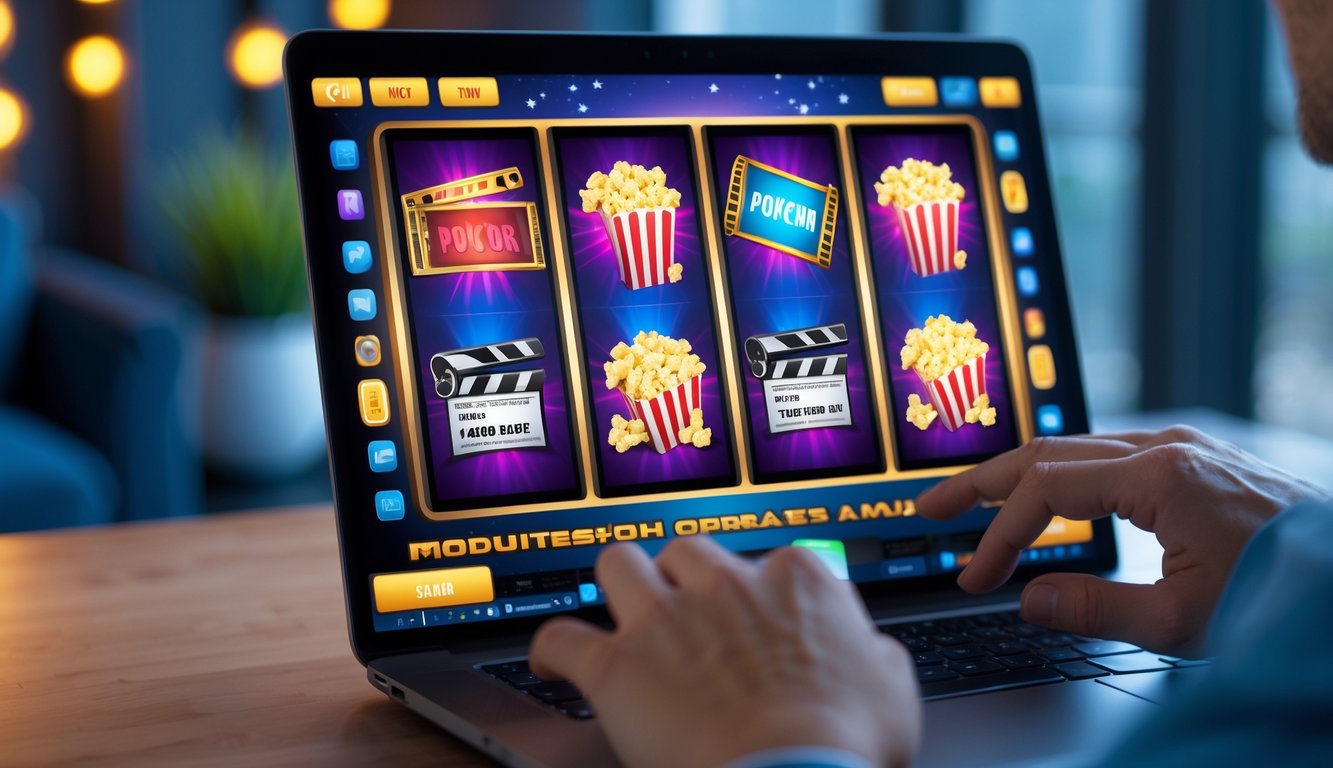 Tampilan layar mesin slot online dengan tema film populer, menampilkan gulungan berwarna cerah dan tangan seseorang yang sedang bermain di perangkat digital.