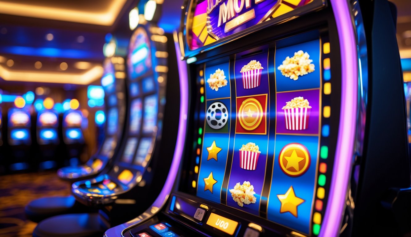 Mesin slot bertema film dengan simbol film yang berwarna-warni di kasino yang mewah.
