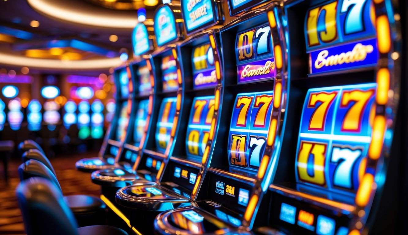 Mesin slot modern dengan gulungan berwarna-warni yang sedang berputar di dalam suasana kasino yang ramai.
