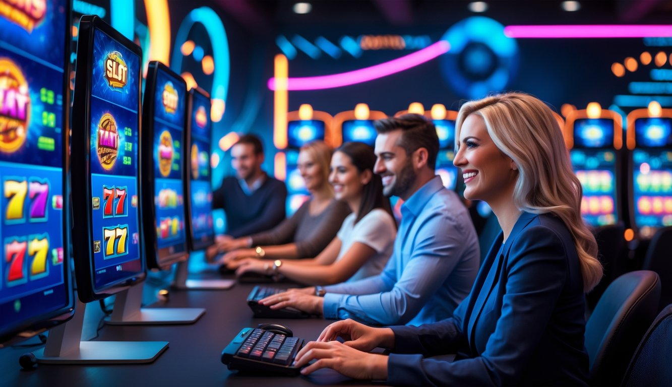 Beberapa orang dewasa sedang bermain mesin slot online di ruang modern dengan monitor komputer yang menampilkan gambar mesin slot berwarna-warni.