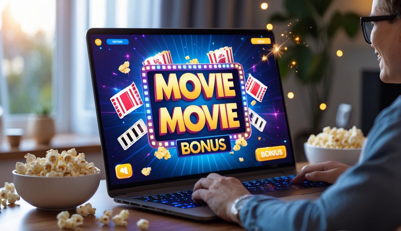 Layar komputer menampilkan permainan slot online bertema film dengan simbol film dan efek animasi kemenangan besar, di meja terdapat mangkuk popcorn dan kacamata 3D.