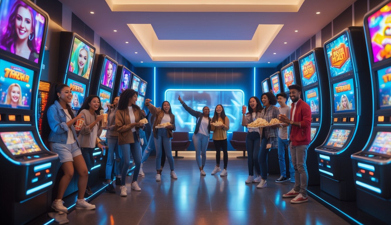 Orang-orang muda di lobi bioskop futuristik yang ramai dengan mesin tiket bergaya slot dan layar digital warna-warni.