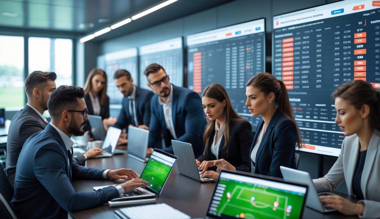 Beberapa orang sedang menganalisis data pertandingan sepak bola di ruang kantor modern dengan layar digital besar.