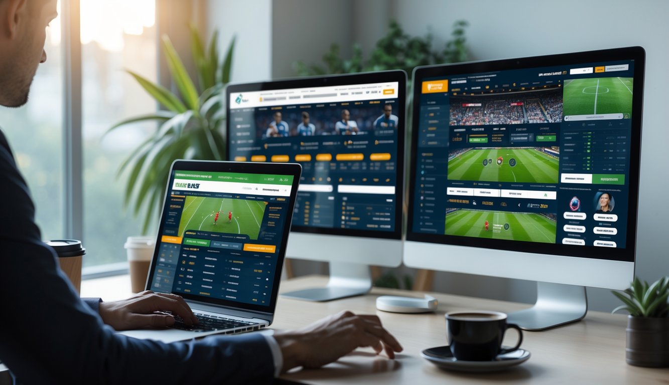 Seseorang menggunakan laptop dan ponsel di meja kerja dengan beberapa layar komputer menampilkan pertandingan sepak bola dan situs taruhan online.