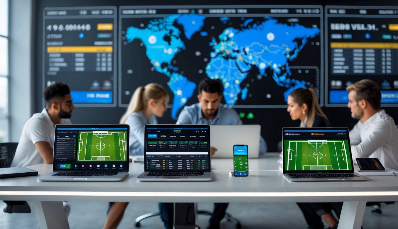 Orang-orang menggunakan perangkat digital untuk memasang taruhan bola internasional di ruang kerja modern.