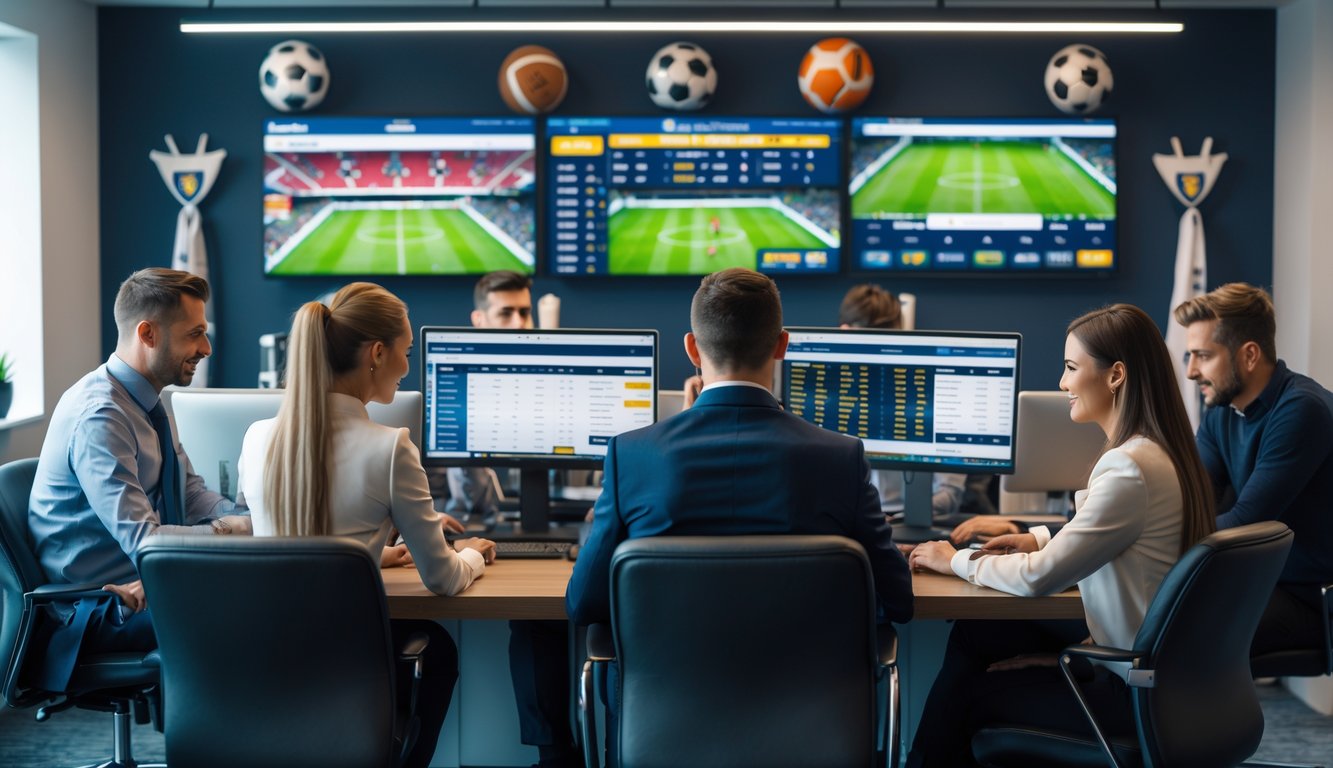 Suasana kantor agen taruhan sepak bola resmi dengan beberapa orang yang sedang bekerja di depan layar komputer menampilkan pertandingan sepak bola.