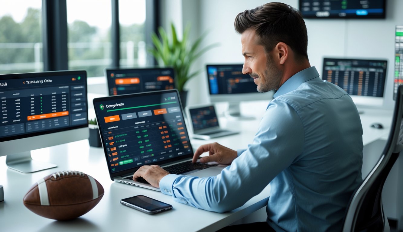 Seorang pria profesional duduk di meja kantor modern dengan laptop yang menampilkan statistik dan grafik sepak bola.