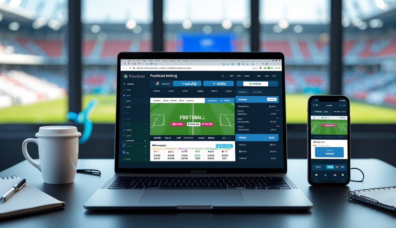 Seorang pria di depan laptop dengan tampilan situs taruhan sepak bola online, di meja terdapat ponsel, kopi, dan alat tulis, dengan latar belakang stadion sepak bola.