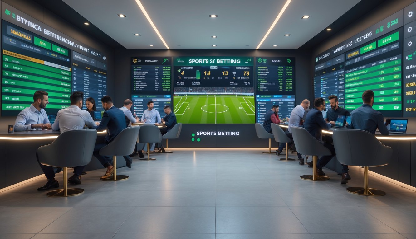 Suasana agen taruhan bola dengan orang-orang yang melihat layar digital menampilkan statistik pertandingan sepak bola dan memasang taruhan menggunakan perangkat elektronik.