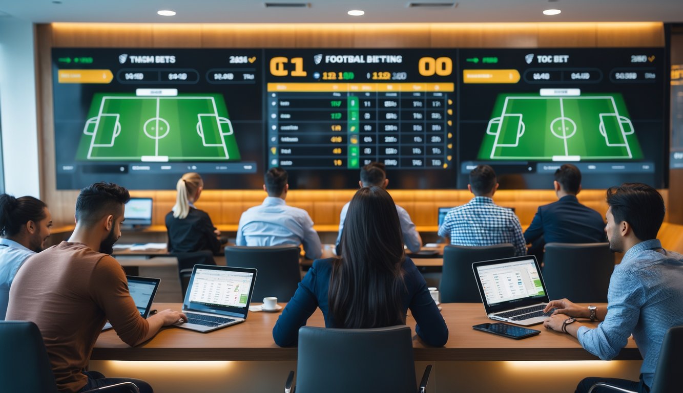 Orang-orang sedang memasang taruhan bola di lingkungan modern dengan layar digital menampilkan statistik pertandingan sepak bola.