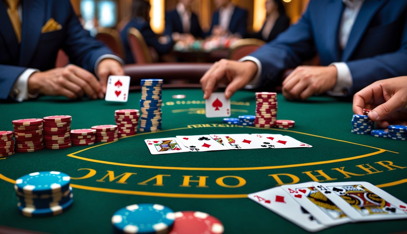 Meja poker dengan kartu dan chip yang tertata rapi, pemain sedang bermain di kasino yang elegan.