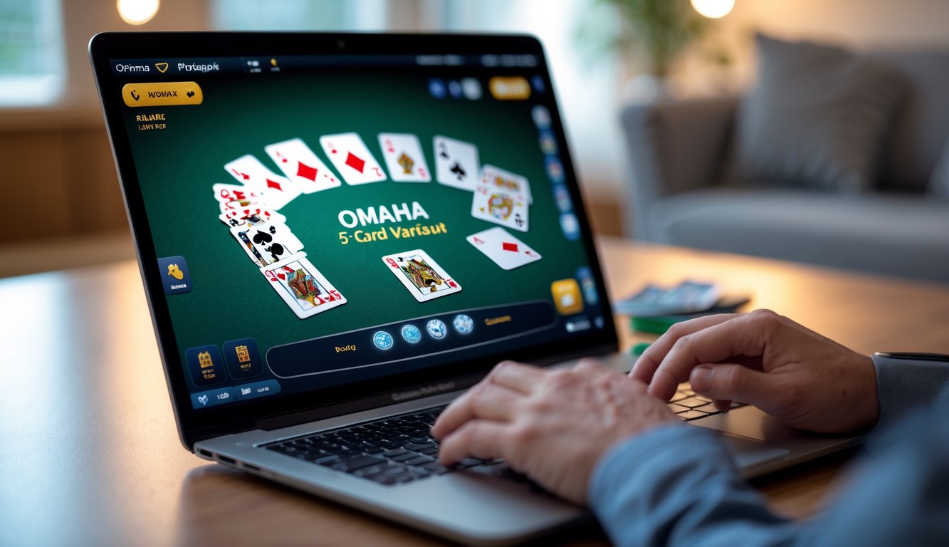 Seorang pemain sedang bermain poker online Omaha 5 kartu di depan laptop di ruang tamu yang terang.