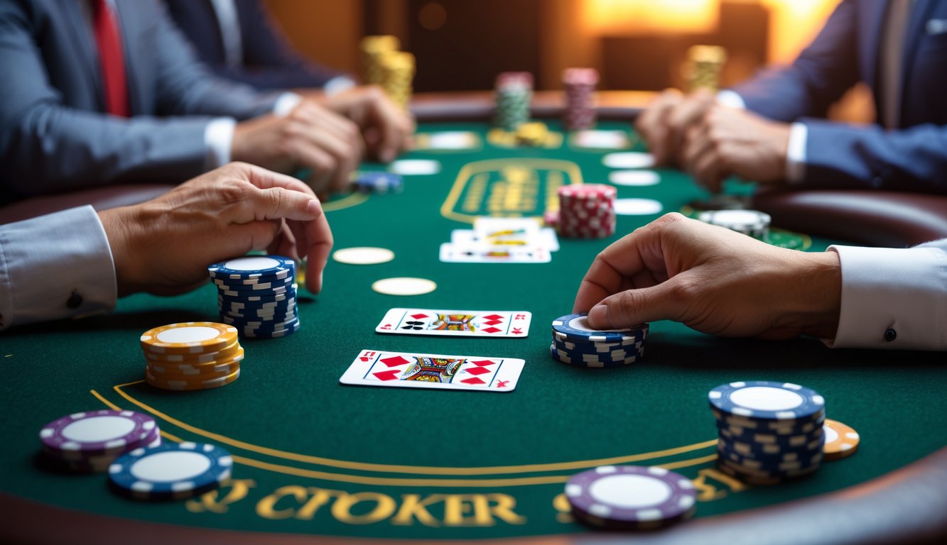 Meja poker dengan lima kartu dan tumpukan chip, tangan pemain memegang kartu di suasana permainan poker Omaha.