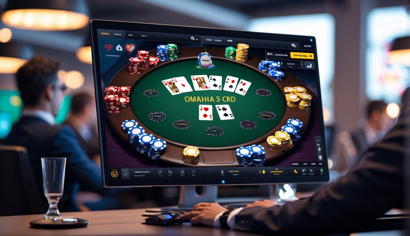 Sebuah meja poker online dengan kartu dan chip yang tersusun rapi di layar komputer.