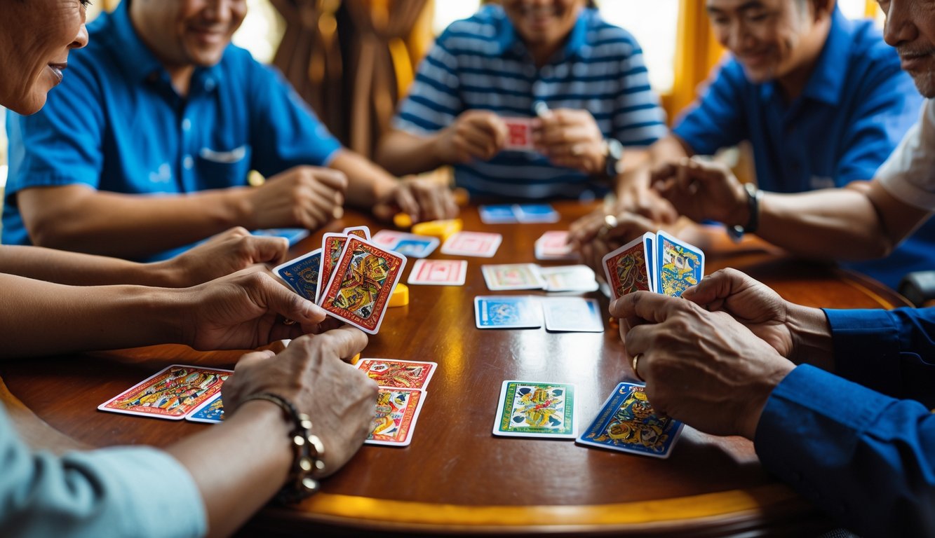 Beberapa orang dewasa Indonesia sedang bermain kartu Omaha 5 Card di meja kayu dengan ekspresi serius dan fokus.