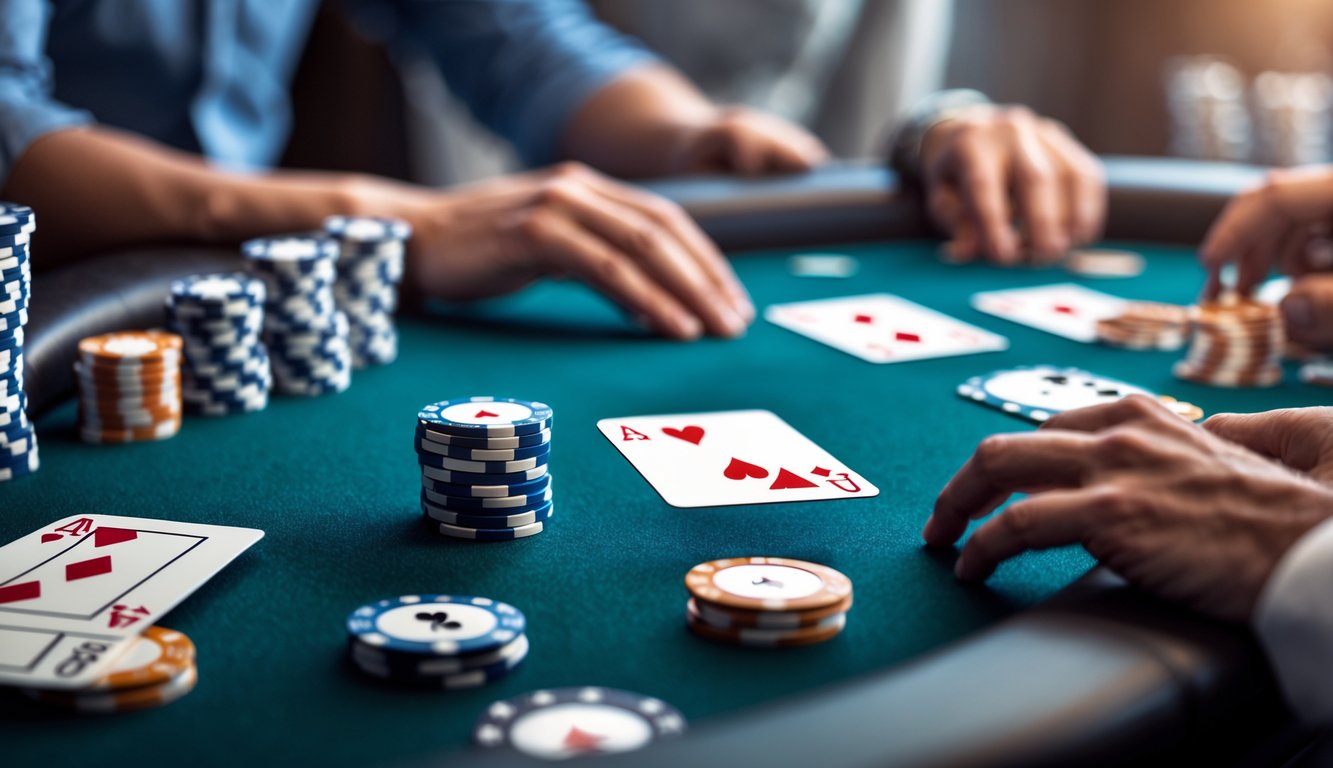 Layar komputer menampilkan permainan poker online Omaha 5 kartu dengan kartu dan chip poker di meja digital.