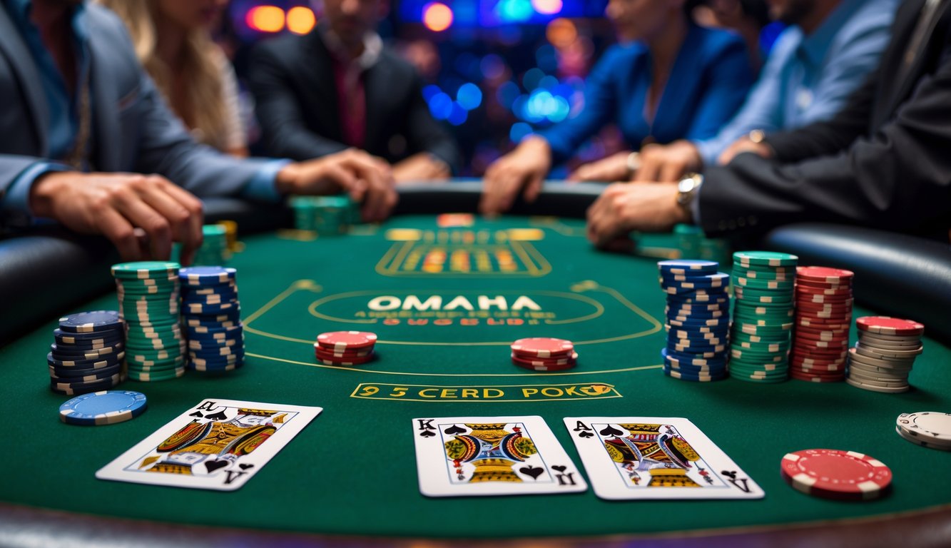 Meja poker dengan kartu dan chip poker di sebuah kasino dengan beberapa pemain yang sedang bermain.