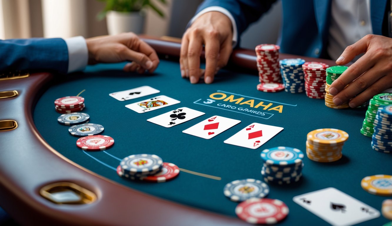 Tampilan layar komputer dengan permainan poker Omaha 5 kartu yang sedang berlangsung, menunjukkan kartu dan tumpukan chip di meja poker digital.