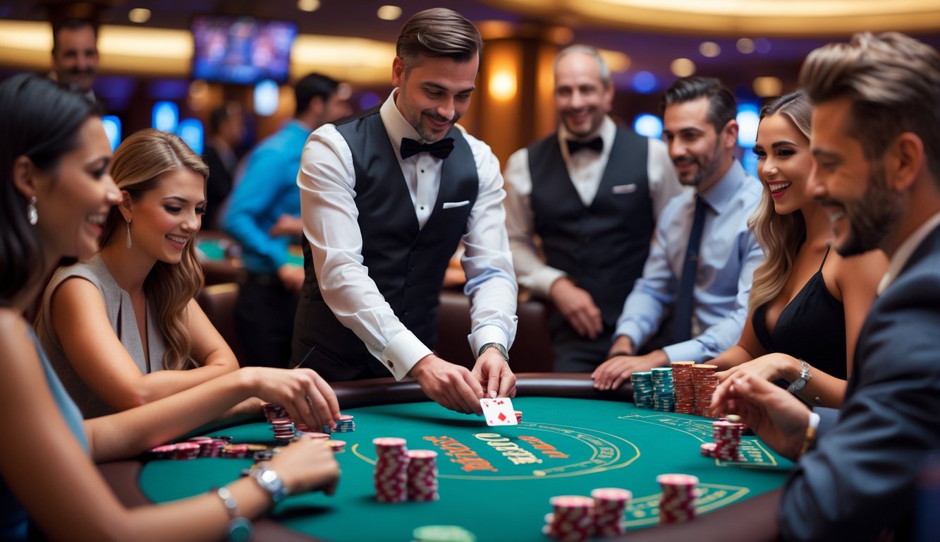 Suasana permainan Casino Hold'em langsung dengan dealer dan pemain di meja poker di dalam kasino mewah.