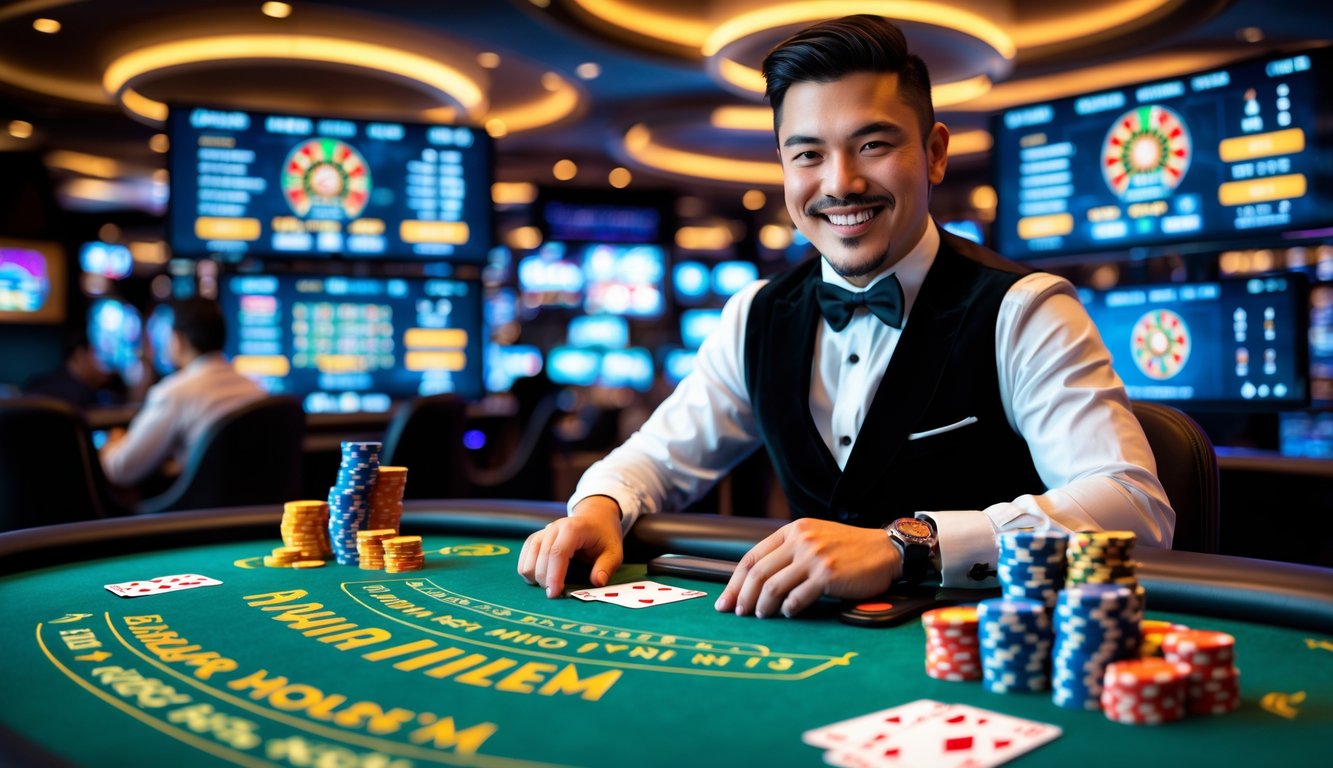 Seorang dealer sedang mengelola permainan Bandar Hold’em di meja kasino dengan kartu dan chip poker, di depan kamera untuk permainan kasino online langsung.