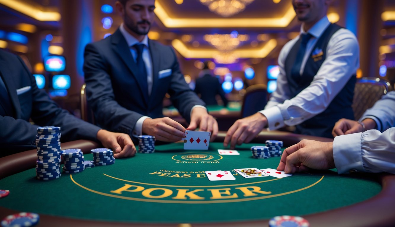 Meja kasino dengan dealer yang membagikan kartu kepada pemain dalam permainan Casino Hold’em, dengan suasana kasino yang mewah dan pencahayaan hangat.