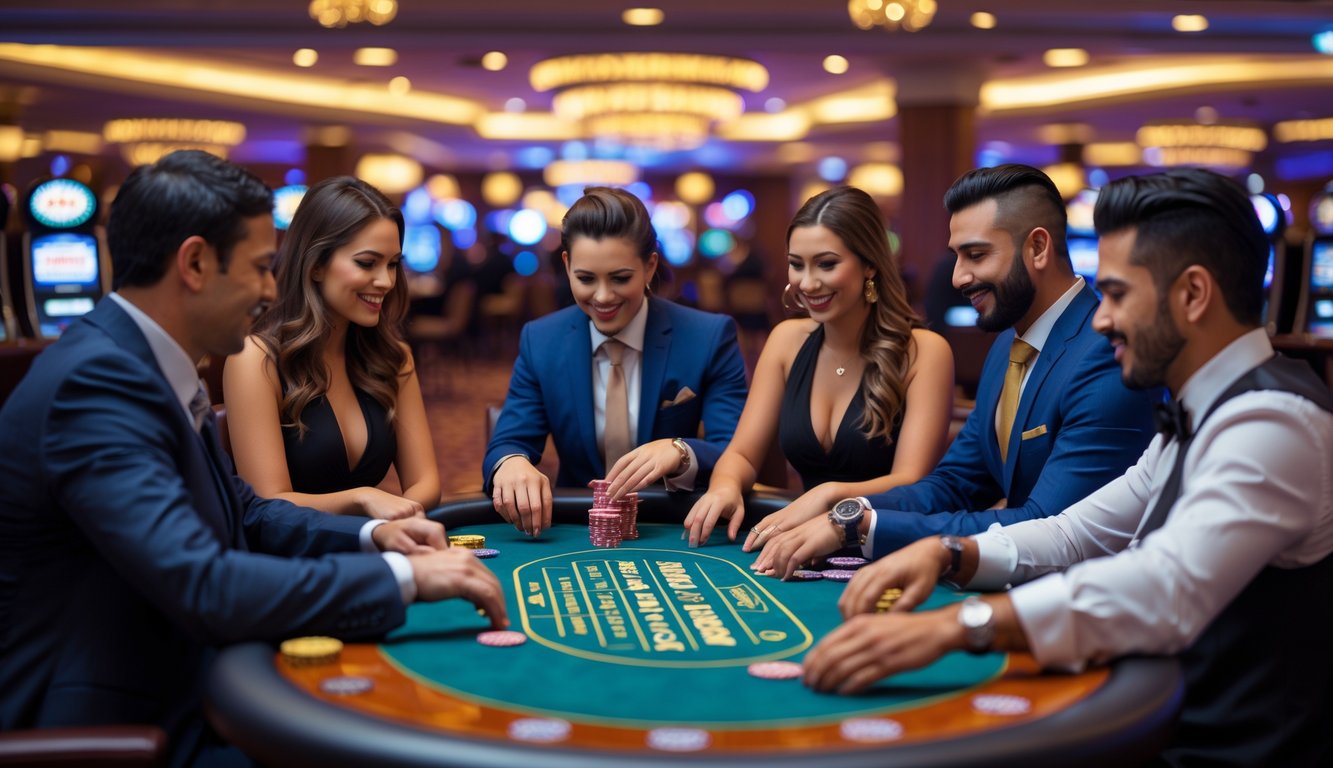 Suasana meja poker Bandar Hold’em di kasino dengan pemain yang sedang bermain dan dealer yang memimpin permainan.