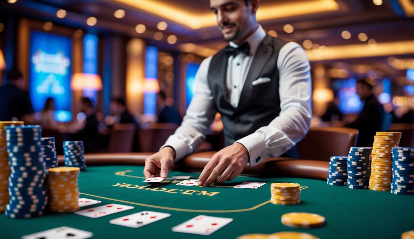 Seorang dealer di meja Casino Hold'em dengan kartu dan chip poker di kasino mewah.