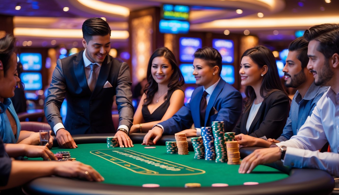 Suasana kasino langsung dengan dealer dan pemain yang sedang bermain Bandar Hold’em di meja poker.