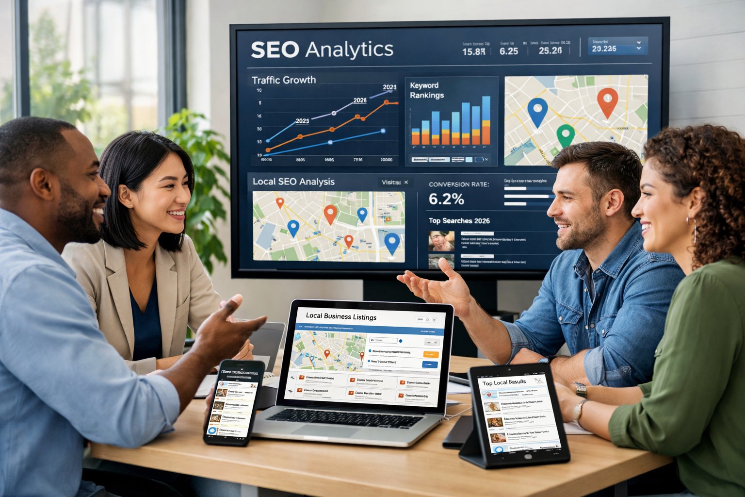 A group of professionals collaborating around a digital screen displaying SEO data and maps in a bright modern office.