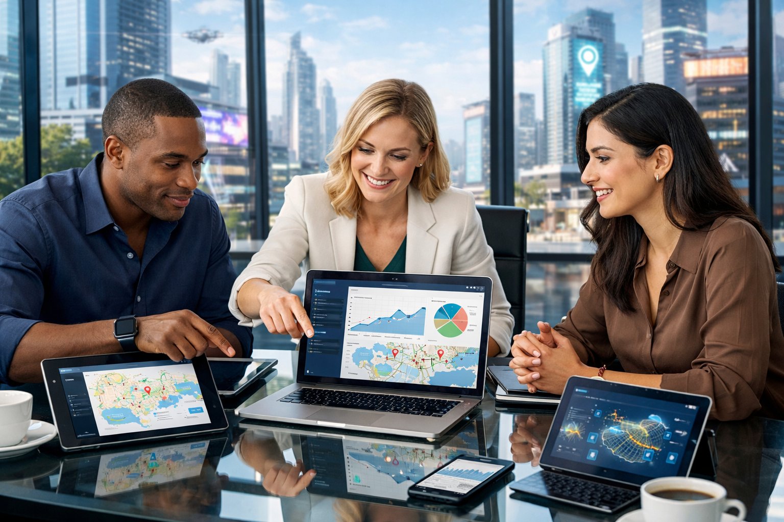 A group of professionals working together around a table with digital devices showing charts and maps in a modern office with a city view.
