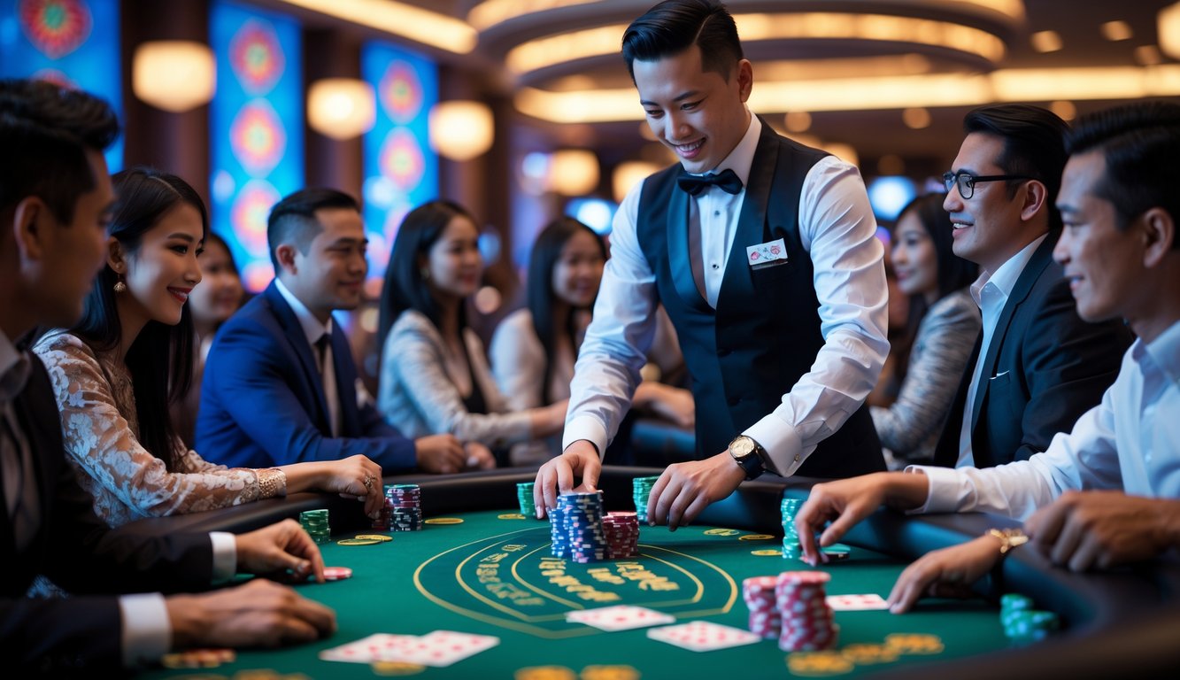 Seorang dealer dan beberapa pemain duduk di meja poker hijau di kasino yang ramai dengan suasana hidup dan pencahayaan hangat.