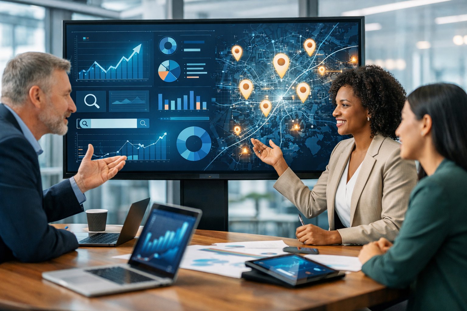 A group of business professionals collaborating around a digital screen showing local business data and maps in a modern office.
