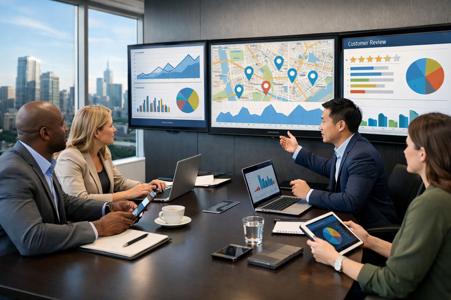 A group of business professionals collaborating around a conference table with digital screens showing data and maps related to local search trends.