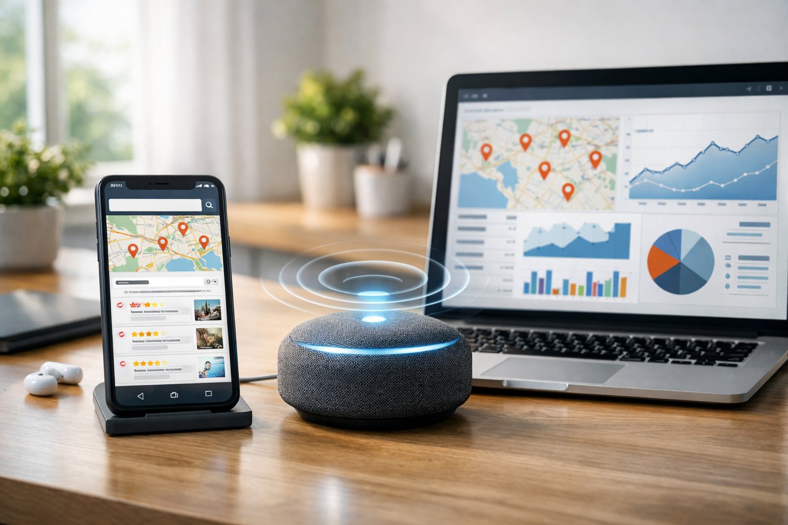 A modern workspace with a smartphone, smart speaker, and laptop showing local search data and analytics.