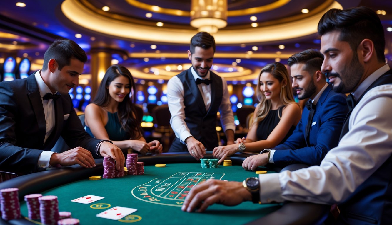 Suasana meja permainan Live Casino Hold’em dengan pemain dan dealer sedang bermain di kasino yang mewah.