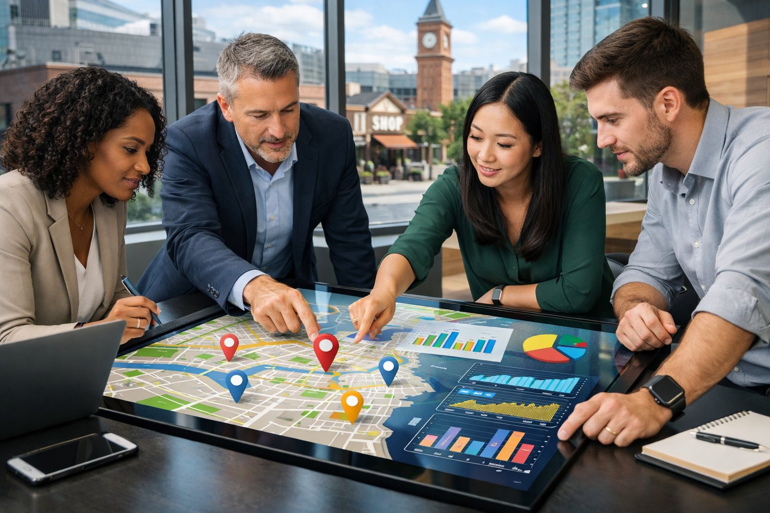 A group of business professionals collaborating around a digital touchscreen table displaying maps and data in an office with a cityscape view.