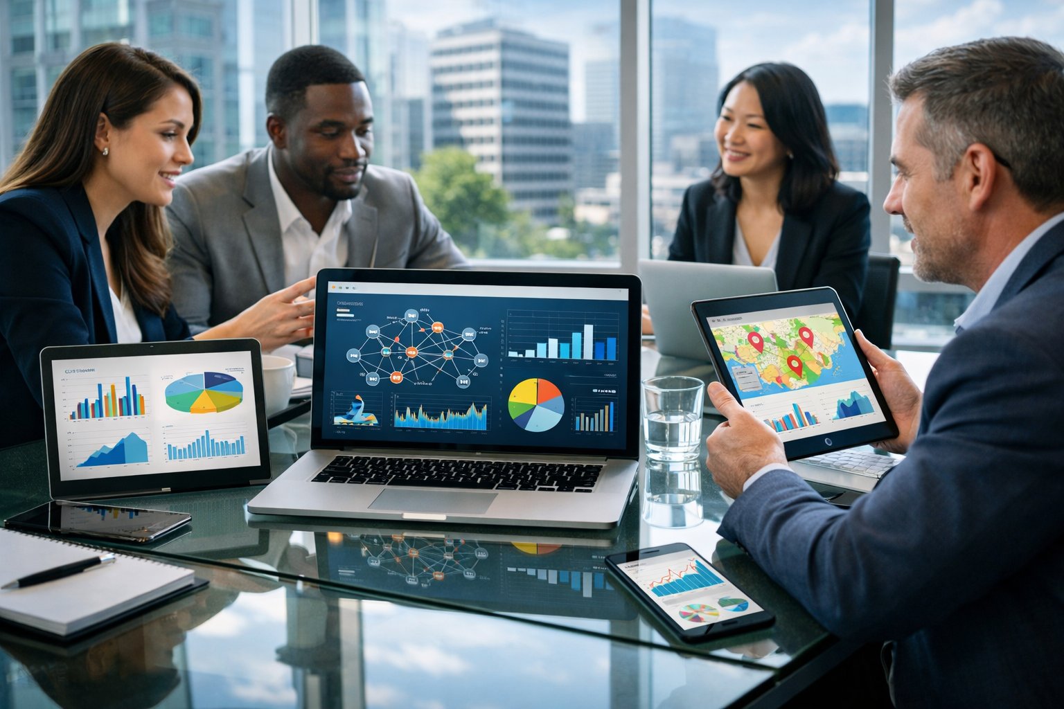 A group of business professionals working together around a table with laptops and tablets showing charts and data in a modern office with a city view.