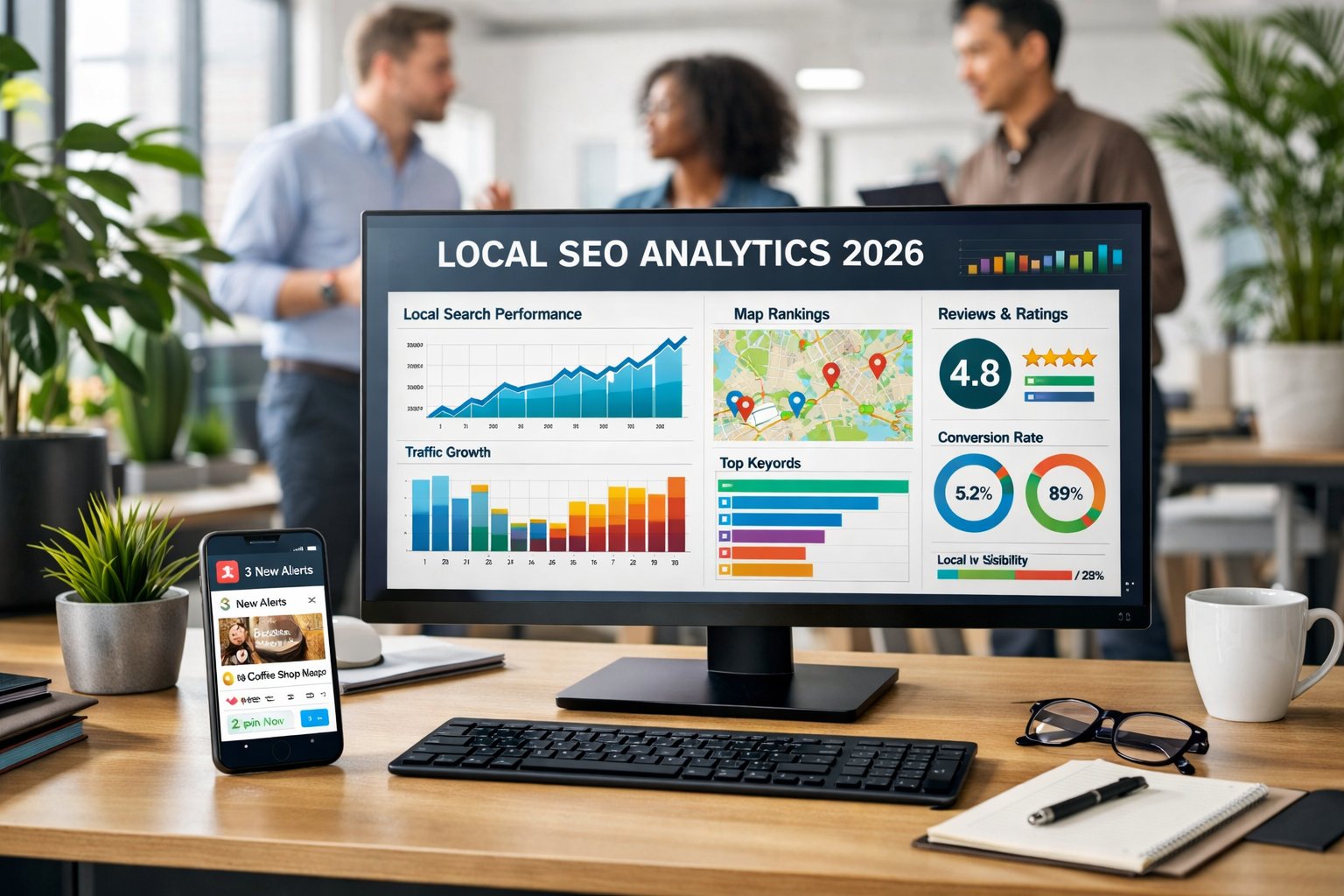 A modern office with professionals analyzing SEO data on computer screens and discussing local search trends.