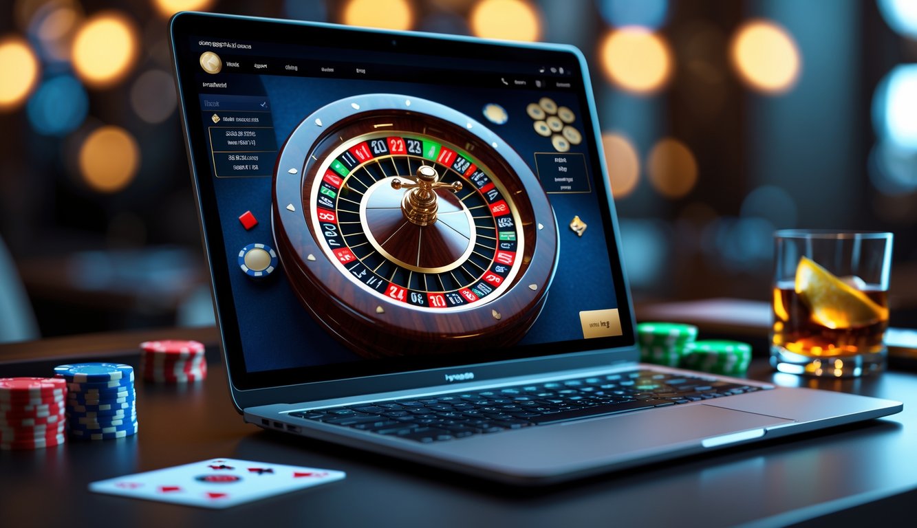 Sebuah meja dengan komputer menampilkan roda roulette online yang sedang berputar dengan chip dan minuman di sekitarnya.