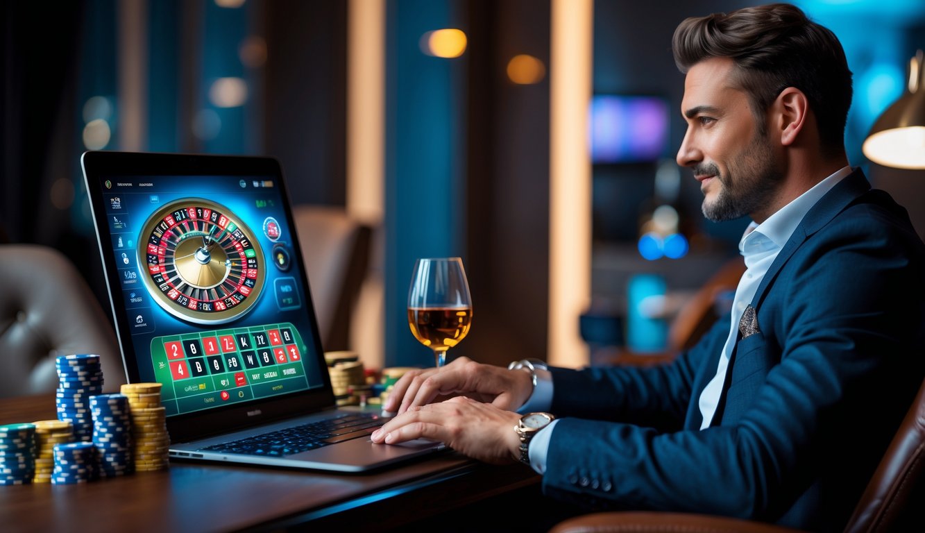 Seorang pria percaya diri bermain roulette online di depan laptop di ruangan modern dengan suasana nyaman.