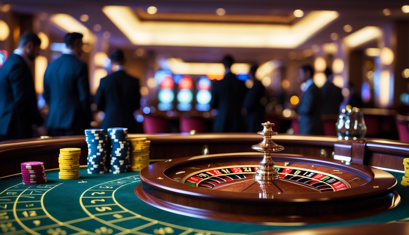 Meja roulette dengan chip taruhan tinggi di kasino mewah dengan beberapa pemain di latar belakang.