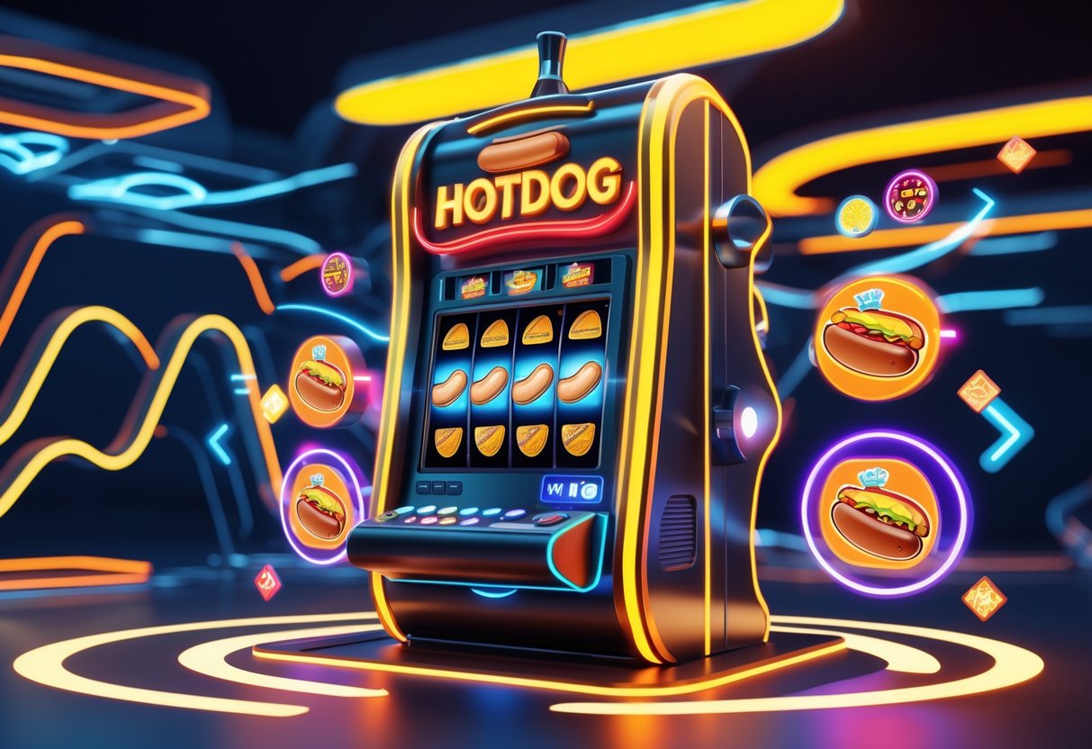 Lingkungan permainan slot dengan mesin slot futuristik berwarna cerah dan elemen digital yang berputar, menggambarkan suasana permainan yang hidup dan inovatif.