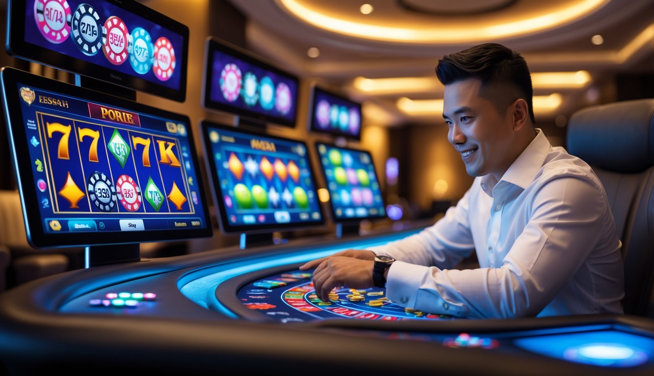 Seorang pria Indonesia berpakaian rapi duduk di depan layar komputer dengan permainan kasino online, tampak fokus dan bersemangat.