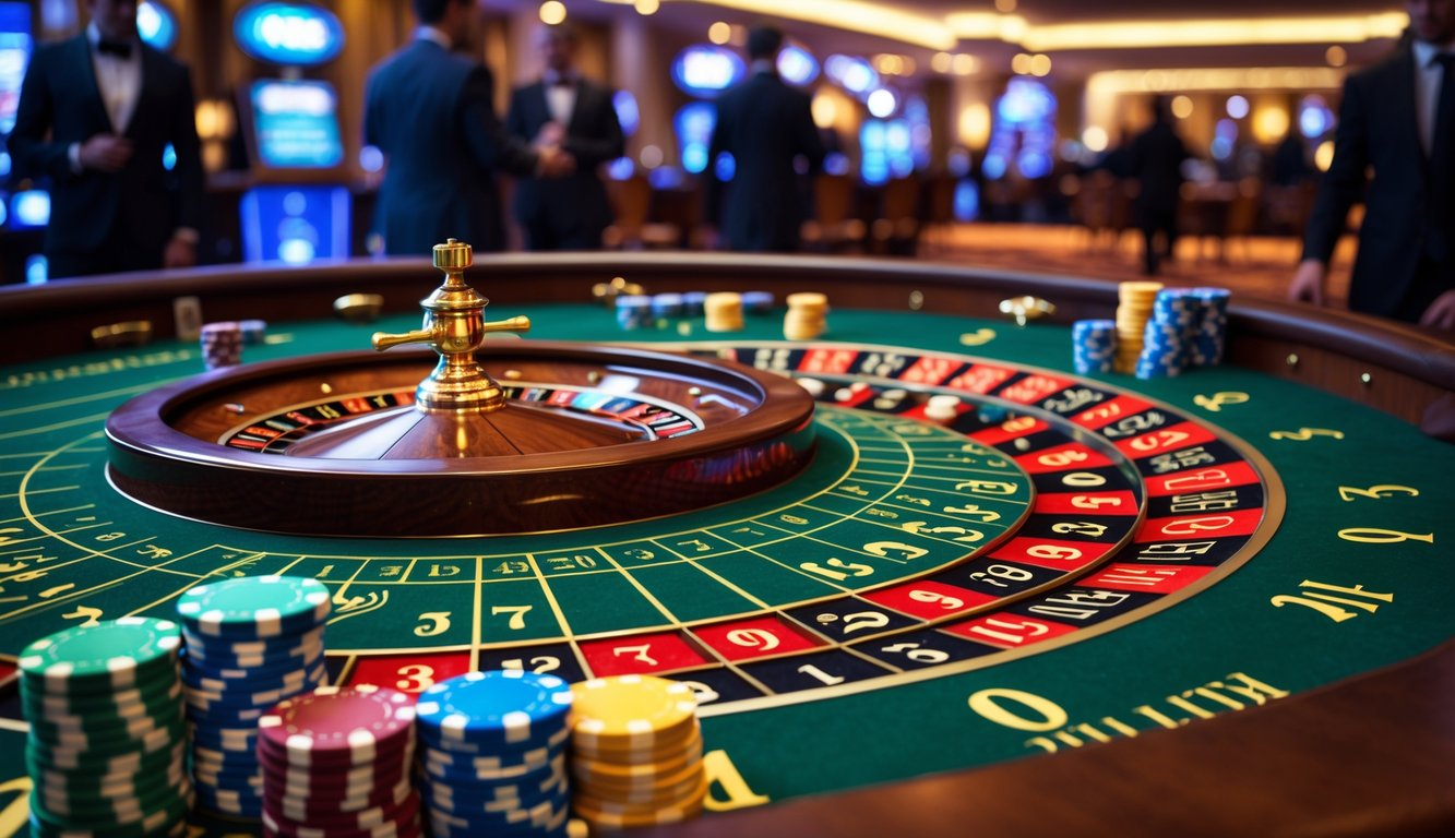 Meja roulette besar dengan chip taruhan berwarna-warni dan roda roulette yang sedang berputar di dalam kasino.
