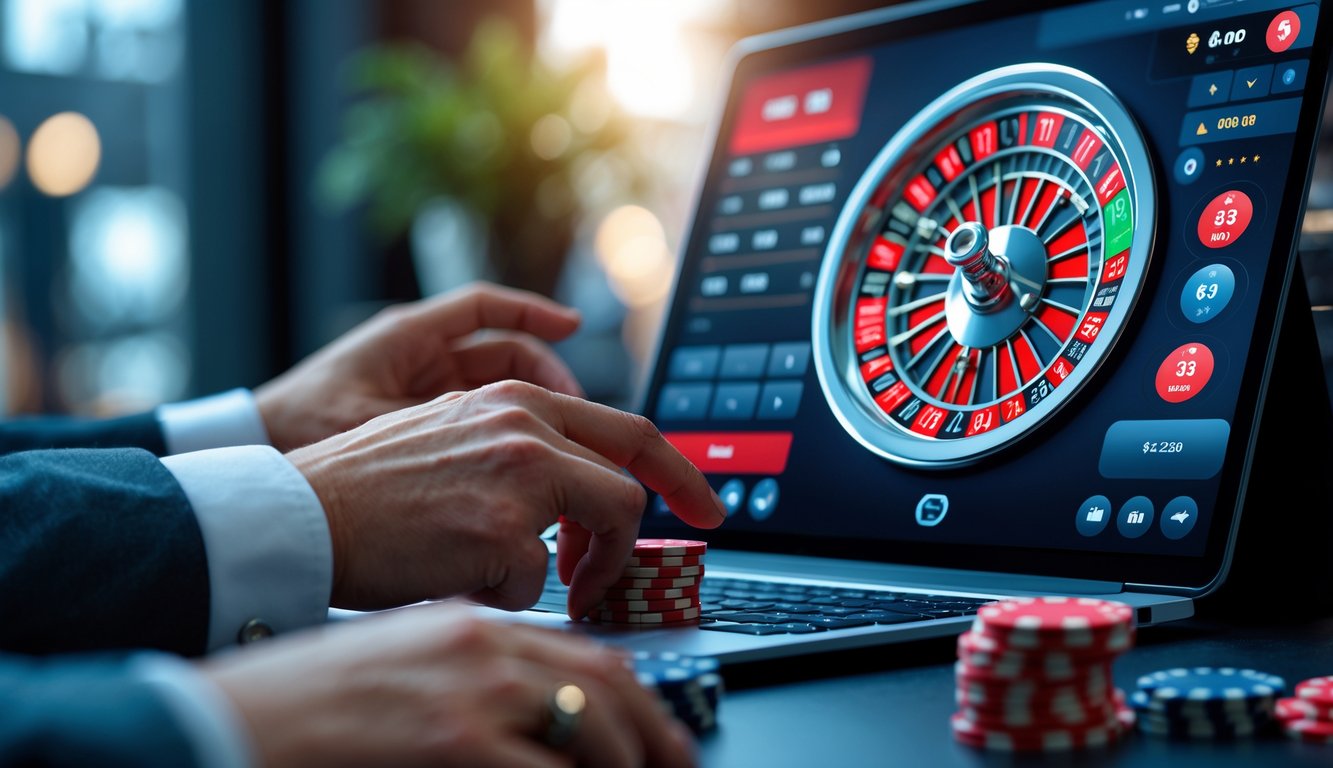Seseorang sedang memasang taruhan tinggi pada permainan roulette online di depan layar komputer.