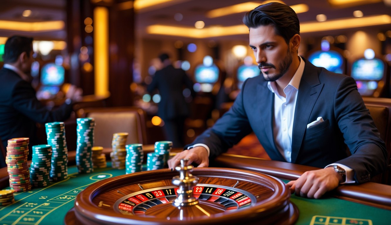 Seorang pria berpakaian rapi sedang memperhatikan roda roulette yang sedang berputar di kasino mewah.